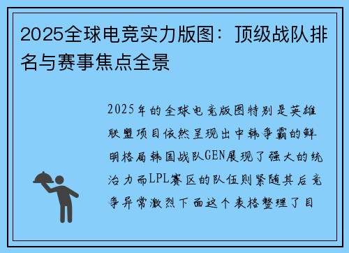 2025全球电竞实力版图：顶级战队排名与赛事焦点全景